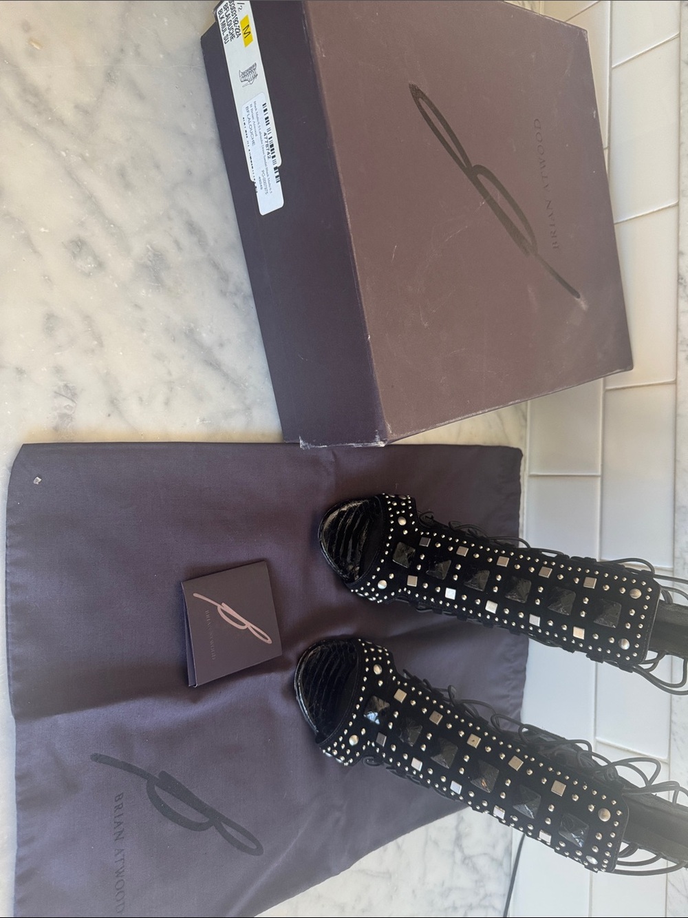 Brian Atwood Black Studded Lace-Up Gladiator Heels